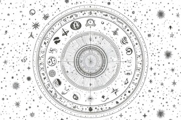 Illustration featuring a zodiac wheel with astrological signs, set against a starry background, ideal for astrology projects