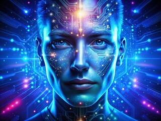 Aerial View of an Abstract Digital Face in Cool Blue Light, Showcasing Intricate Patterns and Dots, Merging Technology with Human Identity in a Futuristic Landscape