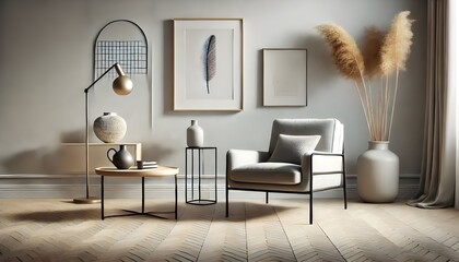Elegant neutral interior design: light-colored armchair, artwork with feather, lamp, and pampas grass.