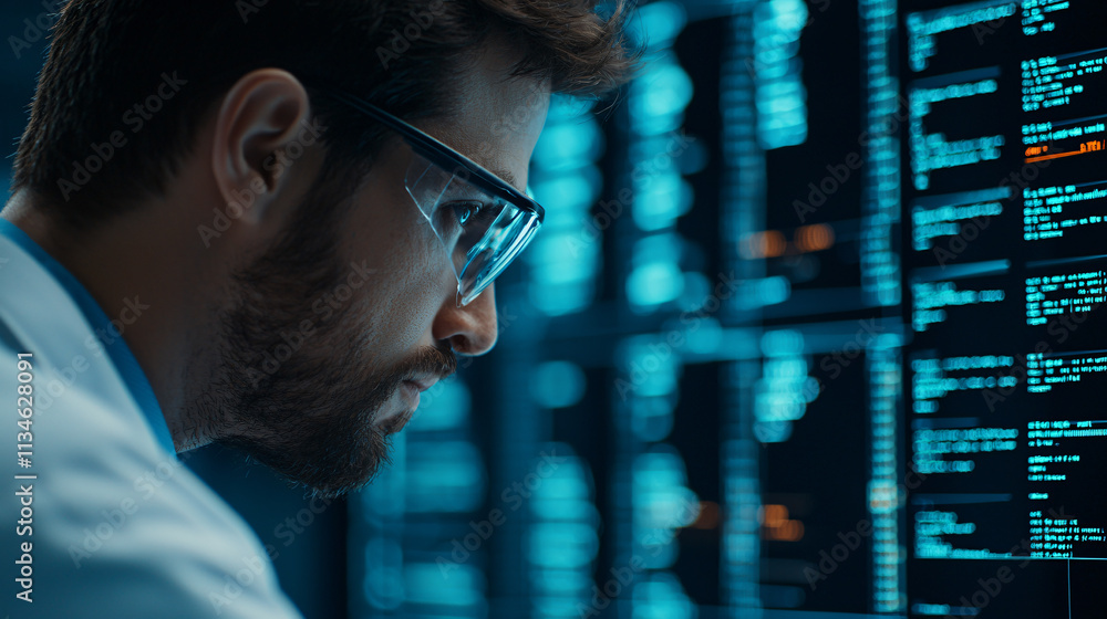 Fototapete Cybersecurity expert analyzing data on digital screen, focused and engaged in work. environment is high tech, showcasing advanced technology and data analysis