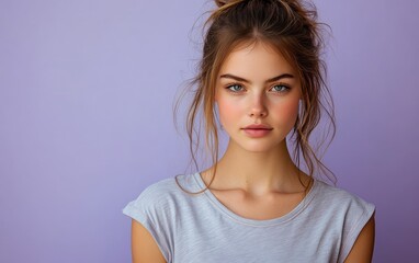 Fototapeta premium Beauty girl smiling and wearing a t-shirt in studio color background