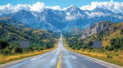 Fototapeta premium A scenic road leads toward majestic mountains under a clear blue sky.