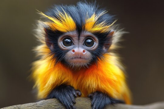 Red-mantled saddleback tamarin monkey resting on branch