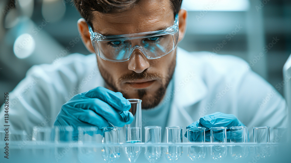 Aufkleber laboratory technician conducting experiments with test tubes, focused on analysis. wearing protectiv