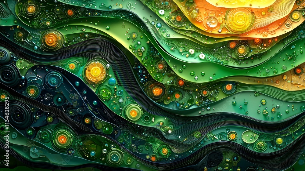 Aufkleber blend of nature and technology flowing lines and dynamic shapes. composition features greens blues a