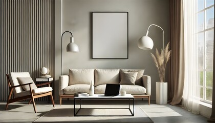 A living room with a couch, armchair, and a blank frame hanging on the wall.
