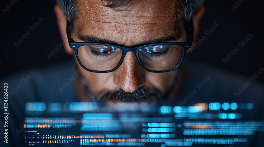 Poster cybersecurity expert analyzing data on computer screen, focused and engaged in work. digital interface displays complex information, highlighting importance of cybersecurity