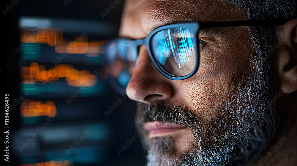 Poster cybersecurity expert analyzing data on screen, focused and attentive. reflection in his glasses show