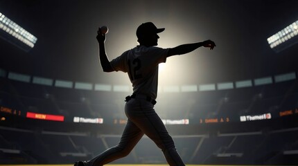 Baseball Pitcher Silhouette: Dramatic silhouette of a baseball pitcher throwing a pitch in a stadium at night. The image is dark and moody, emphasizing the power and intensity of the sport. 
