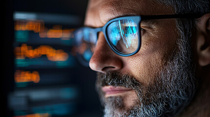 cybersecurity expert analyzing data on screen, focused and attentive. reflection in his glasses shows digital information, highlighting importance of data security
