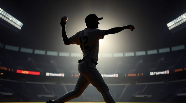 Baseball Pitcher Silhouette: Dramatic silhouette of a baseball pitcher throwing a pitch in a stadium at night. The image is dark and moody, emphasizing the power and intensity of the sport.  - Powered by Adobe