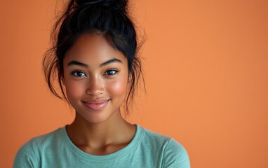 Beauty girl smiling and wearing a t-shirt in studio color background