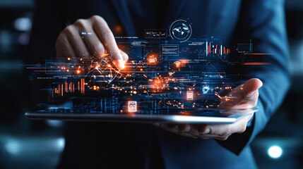 digital marketer analyzing social media engagement with data visualization on tablet. futuristic interface displays graphs, charts, and analytics