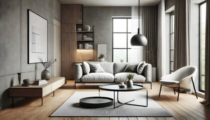 Fototapeta premium Living room interior design featuring a gray sofa, round coffee table, and accent chair.