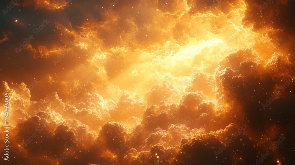 Poster a vibrant depiction of a celestial scene with golden clouds and rays of light.