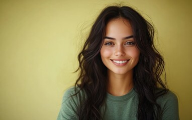 Naklejka premium Beauty girl smiling and wearing a t-shirt in studio color background