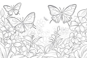 Black and white illustration of butterflies flying over blooming flowers, perfect for coloring books or nature themed projects