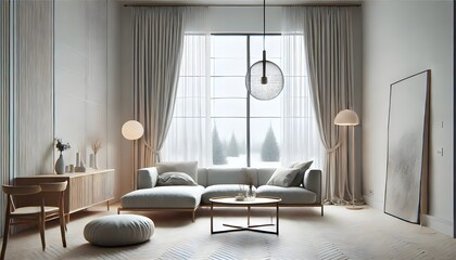 A bright living room offers a white couch and complementary furniture.