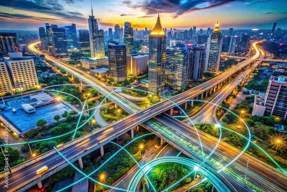 Poster aerial view of an urban landscape interconnected by digital networks and highways, showcasing the co