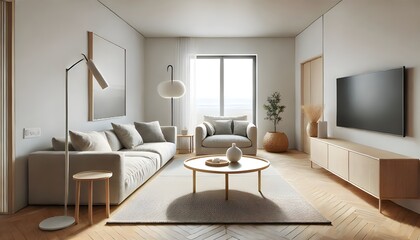 Fototapeta premium A bright living room is shown with modern furniture and neutral colors.