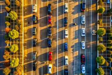 Aerial View of a Parking Lot with Striking Silhouettes of Vehicles and Shadows Cast by the Setting Sun, Perfect for Urban Landscapes and City Life Themes