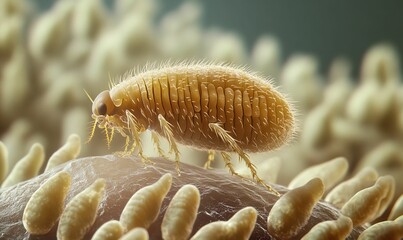 Naklejka premium Tiny insect crawls on textured surface, amidst smaller shapes.