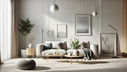 Fototapeta premium A modern living room with neutral colors has a sofa, coffee tables, and artwork.