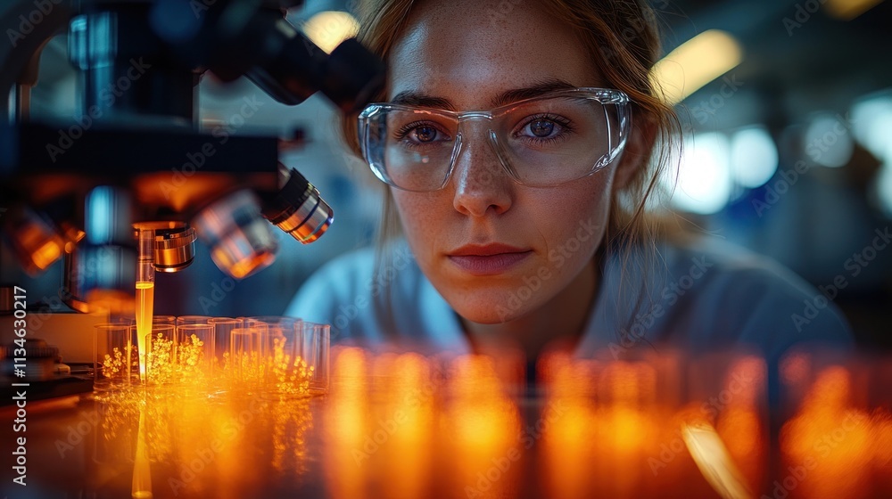 Aufkleber a scientist examines samples under a microscope in a laboratory setting.
