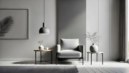 Minimalist room interior featuring a gray armchair between two side tables, each topped with a small vase.