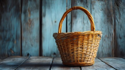 Wicker basket on rustic wooden table with blue wooden background.