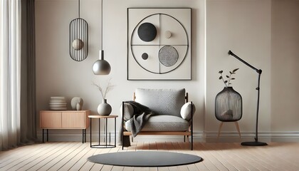 A modern interior design features a grey chair, black wire-frame decor, and a geometric art piece.