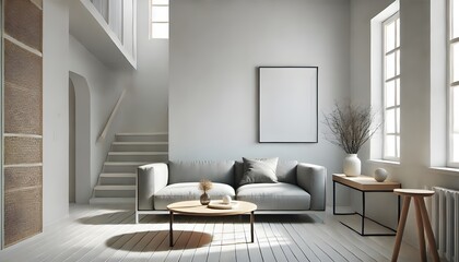 Fototapeta premium Bright neutral living room, with a sofa, round coffee table, and natural decor.