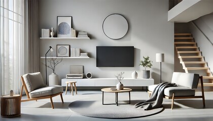 Monochromatic living room interior with modern furniture and a large window overlooking a snowy landscape.