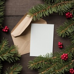 Overhead view of a blank card and envelope on fir branches and berries