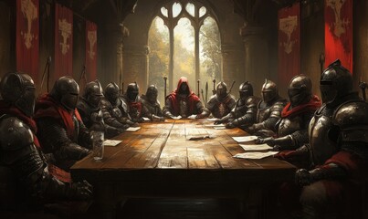 Fototapeta premium Armored figures convene; leader in red robe.