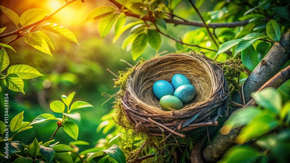 Aufkleber aerial view of a serene bird nest with colorful eggs surrounded by lush greenery capturing the essen