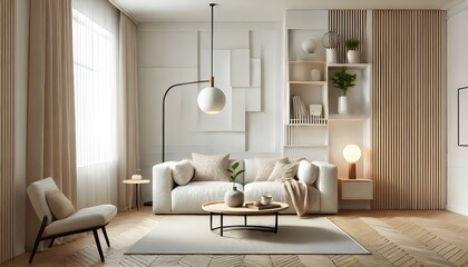 A bright, modern living room features a white sofa, pendant lighting, and minimalist decor. The space utilizes natural light and neutral tones to create a calm atmosphere.