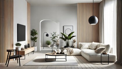 Fototapeta premium A minimal interior design rendering. The room has a modern aesthetic and is decorated in natural tones with soft, ambient light
