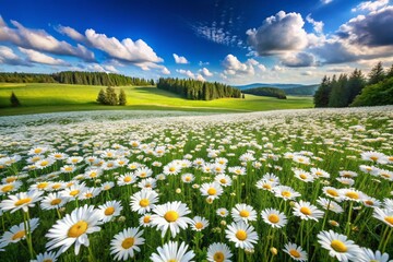 Aerial View of a Serene Meadow Covered in White Daisies, Stretching Limitlessly Under a Clear Blue Sky, Perfect for Nature Lovers and Scenic Landscapes