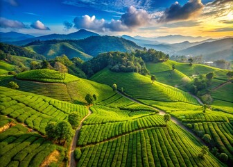 Fototapeta premium Aerial View of a Serene Tea Plantation with Lush Green Fields, Rows of Tea Bushes, and a Scenic Landscape Capturing the Essence of Nature and Tranquility in Tea Cultivation