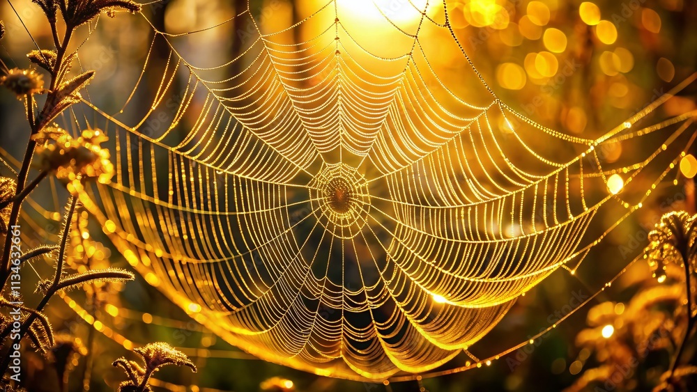 Poster aerial view of a shiny gold spider web cobweb background, capturing the intricate patterns and spark