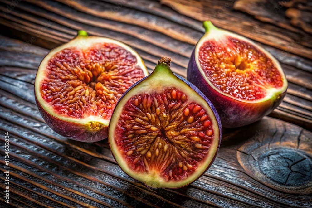 Aufkleber aerial view of a sliced fig on a rustic wooden table showcasing the texture and rich coloration of f