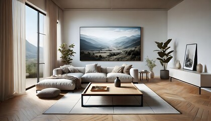 Neutral interior featuring a cream sofa, chair, and geometric artwork. A large print hangs above the sofa, and the scene is open to an outdoor view.