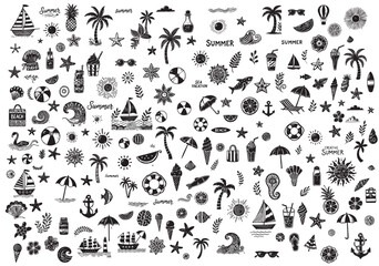 Fototapeta premium Chalk doodle style vector illustrations set. Creative summer print, label, cover. Ink hand drawn design elements. Sea vacation collection