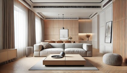 A modern interior features a neutral color palette, incorporating light wood paneling, a comfortable sofa, and a minimalist coffee table.