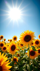 Obraz premium sunflowers in a huge field, blue sky and sun, with white tones
