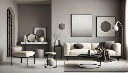 A well-lit, staged interior shot of minimalist living room.
