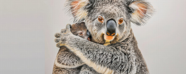 Naklejka premium Koala with baby in a snowy embrace