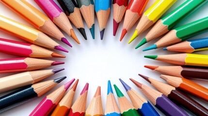 Fototapeta premium Colored pencils arranged in a circular pattern on a white background, creating a frame with blank space in the center.