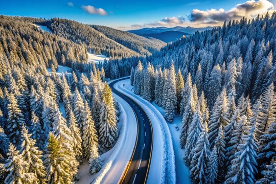 Aerial View of a Snowy Mountain Road with Guardrails and Lush Trees Flanking the Sides, Capturing the Serene Beauty of Winter Landscapes in Majestic Mountain Ranges - Powered by Adobe